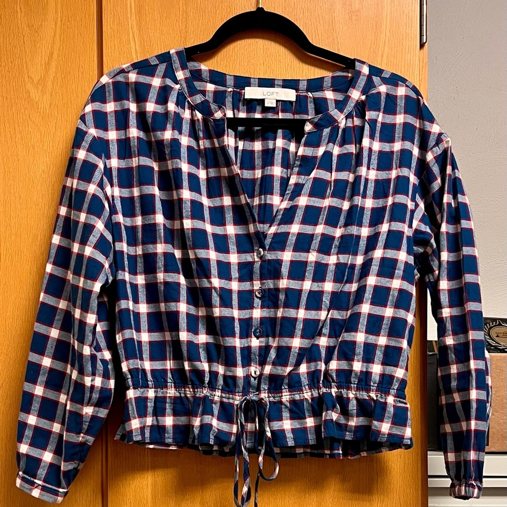 LOFT Blue Plaid Button-Up Blouse